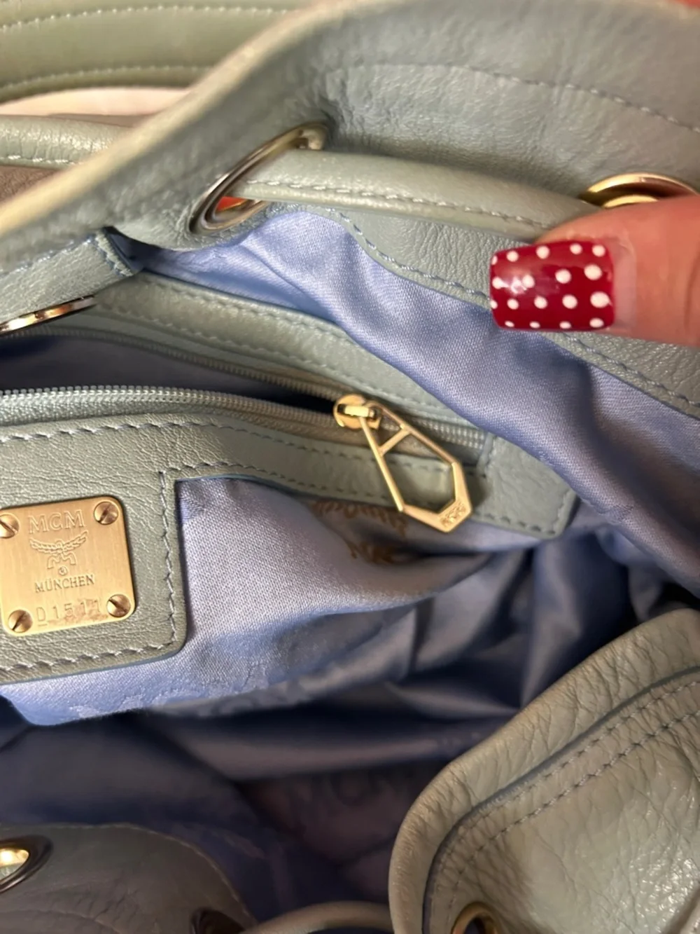 MCM Pale Blue Pebbled Leather Drawstring Hobo Bag - Picture 10 of 15